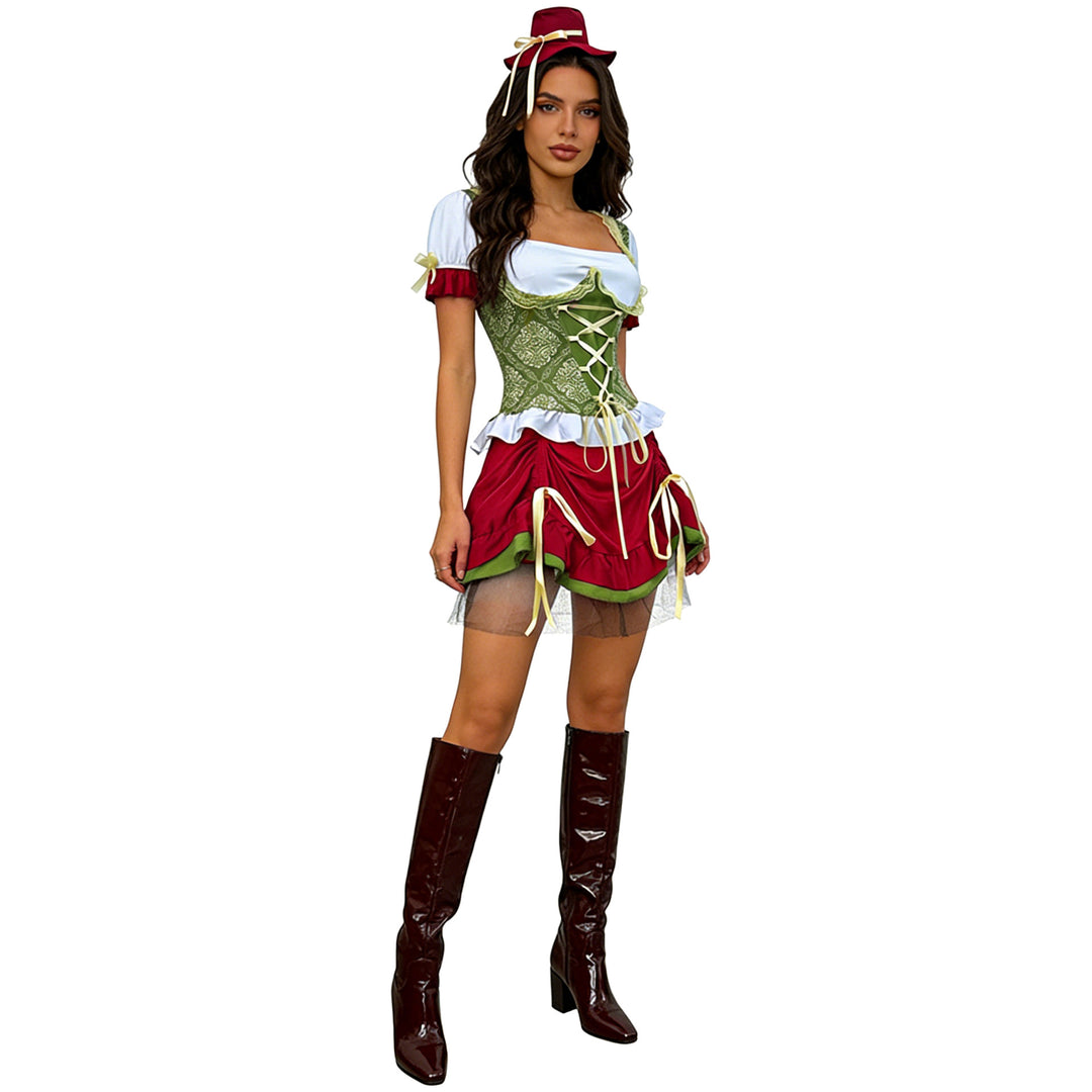 Damen nan kurzes Dirndl Trachtenkleid mit Schnürcorsage, Spitzenkragen und gerafftem Rock Echo Archiv