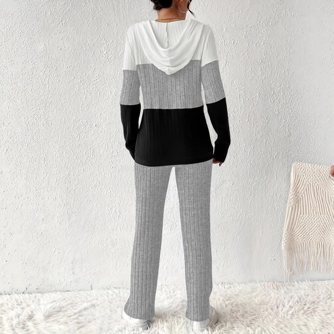 Damen Geripptes Lounge-Set mit Kapuzen-Halfzip und weitem Palazzo-Strickhose – Élanora