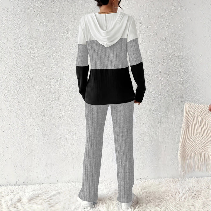 Damen Geripptes Lounge-Set mit Kapuzen-Halfzip und weitem Palazzo-Strickhose – Élanora