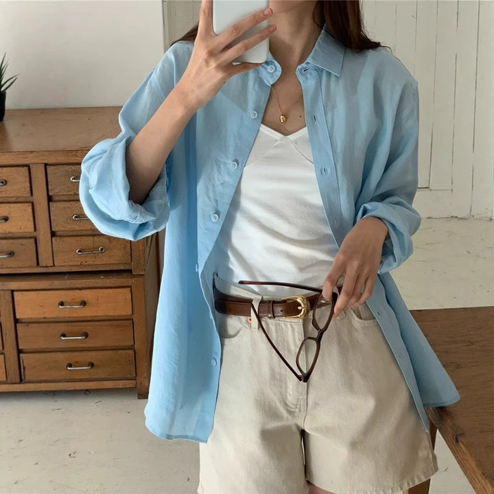 Damen Lässige Oversize-Hemdbluse mit kastiger Silhouette und krempelbaren Ärmeln – Maréline