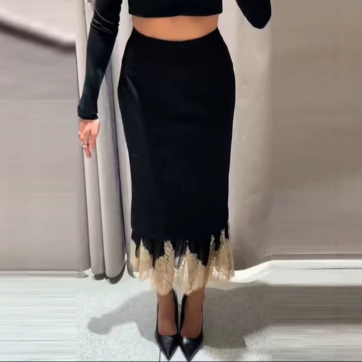 Damen Eleganter Bleistift‑Midirock mit kontrastierender Spitzenunterlage Echoarchiv