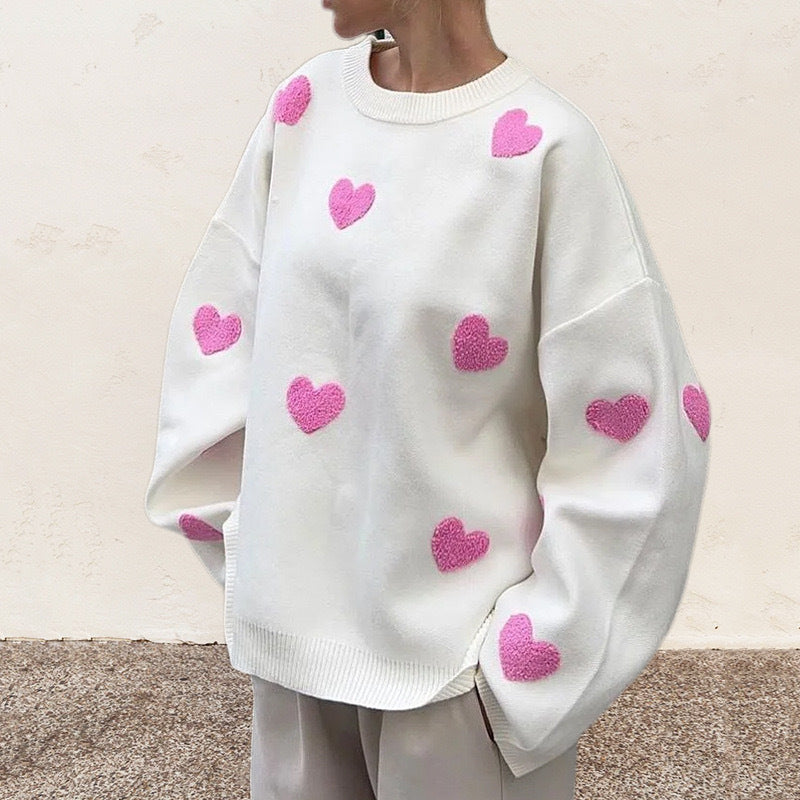 Damen Oversize-Feinstrickpullover mit Allover-Herzintarsien und überschnittenen Schultern – Mavelle