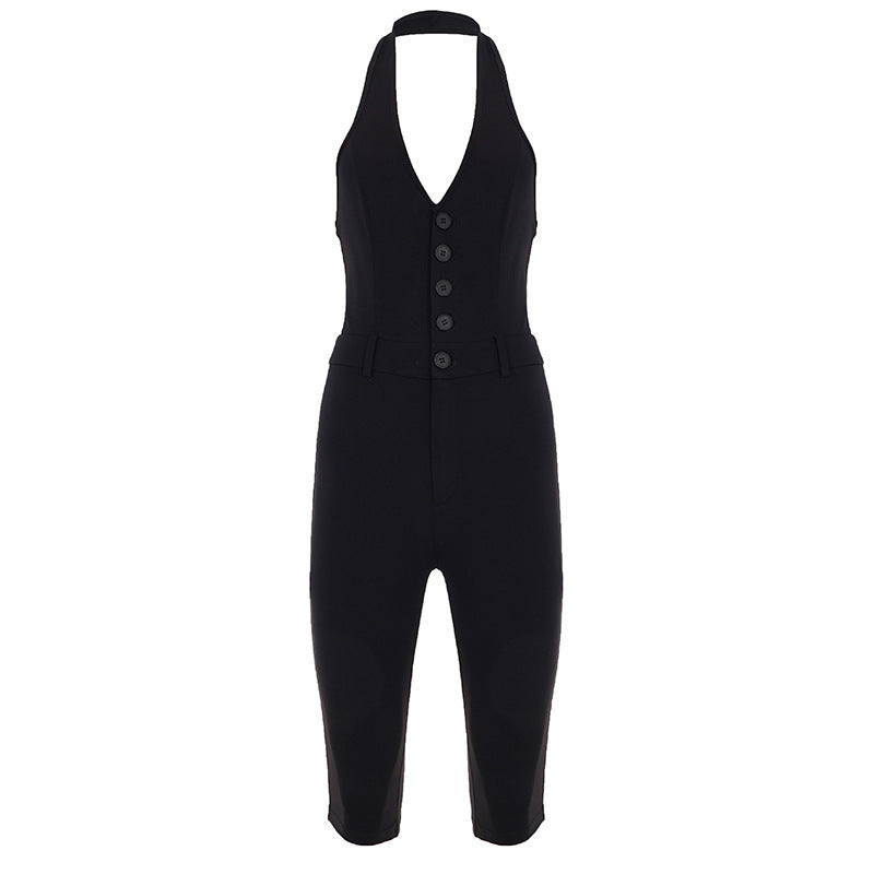 Damen figurbetonter Jumpsuit mit elegantem Halterneck und Knopfleiste Echo Archiv