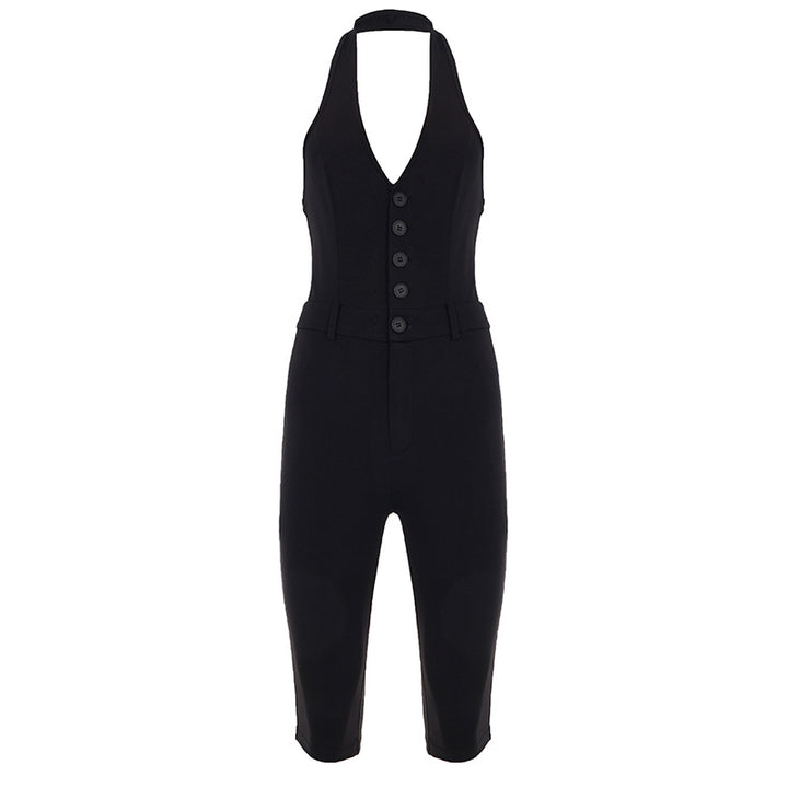 Damen figurbetonter Jumpsuit mit elegantem Halterneck und Knopfleiste Echo Archiv