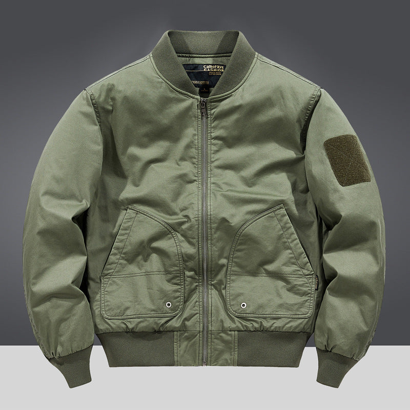 Men's military-inspired heavyweight cotton bomber jacket with curved flap utility pockets and sleeve velcro patch – Brevano