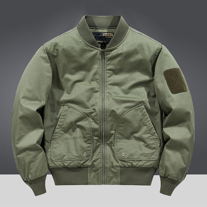 Men's military-inspired heavyweight cotton bomber jacket with curved flap utility pockets and sleeve velcro patch – Brevano
