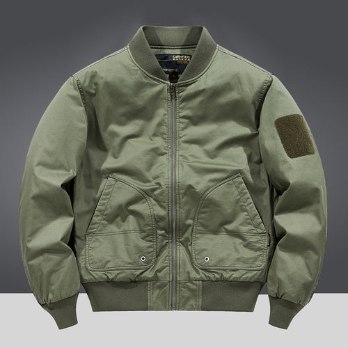 Men's military-inspired heavyweight cotton bomber jacket with curved flap utility pockets and sleeve velcro patch – Brevano