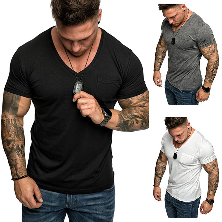 Herren V-Ausschnitt T-Shirt aus weicher Baumwolle mit Brusttasche Echoarchiv