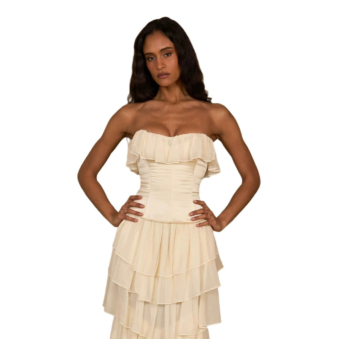 Damen Elegantes, schulterfreies Maxikleid mit fließenden Rüschen Echo Archiv