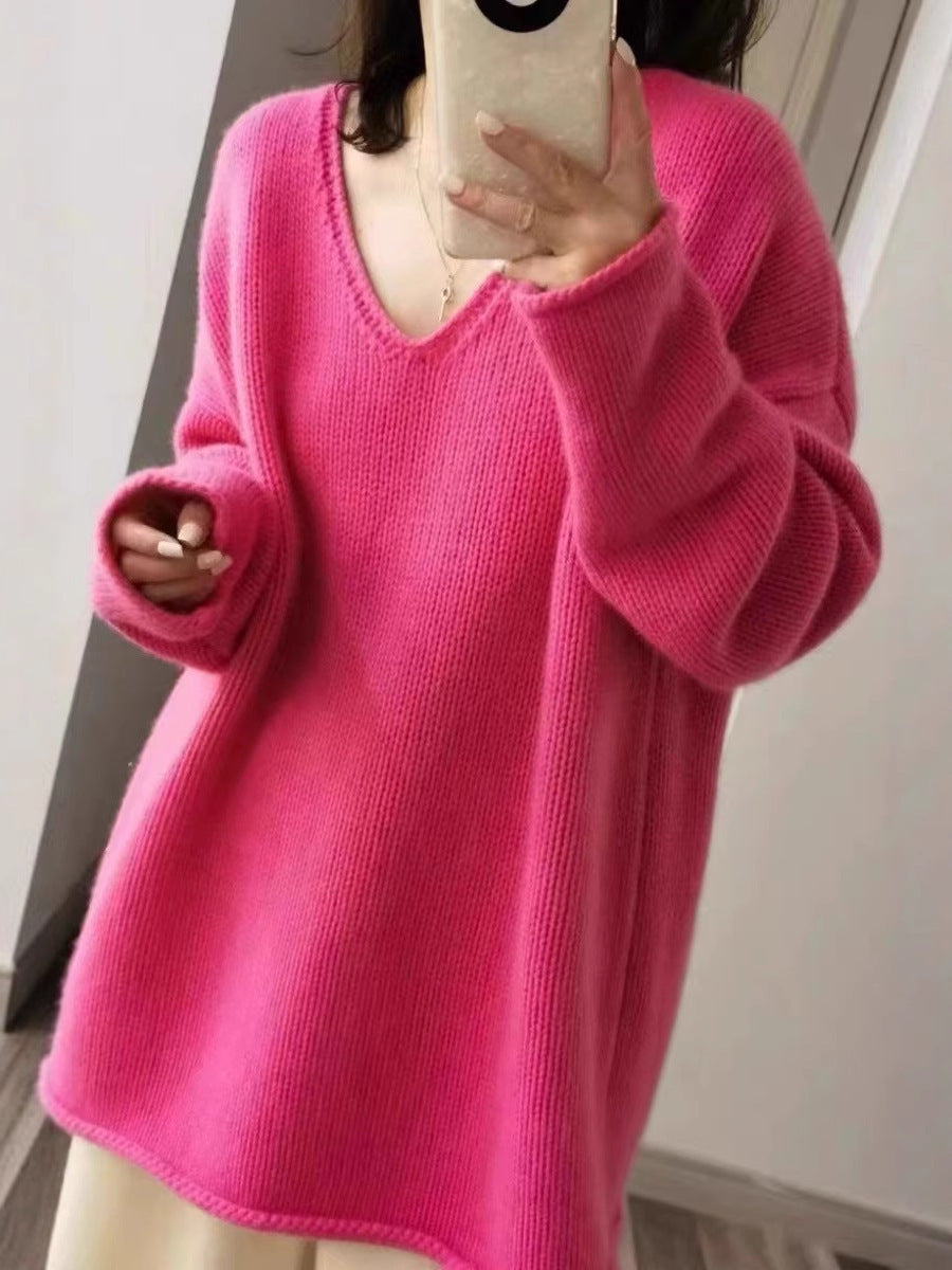 Damen Oversize V‑Ausschnitt Pullover im Mohair‑Look mit überschnittener Schulter und gerundetem Saum Echoarchiv