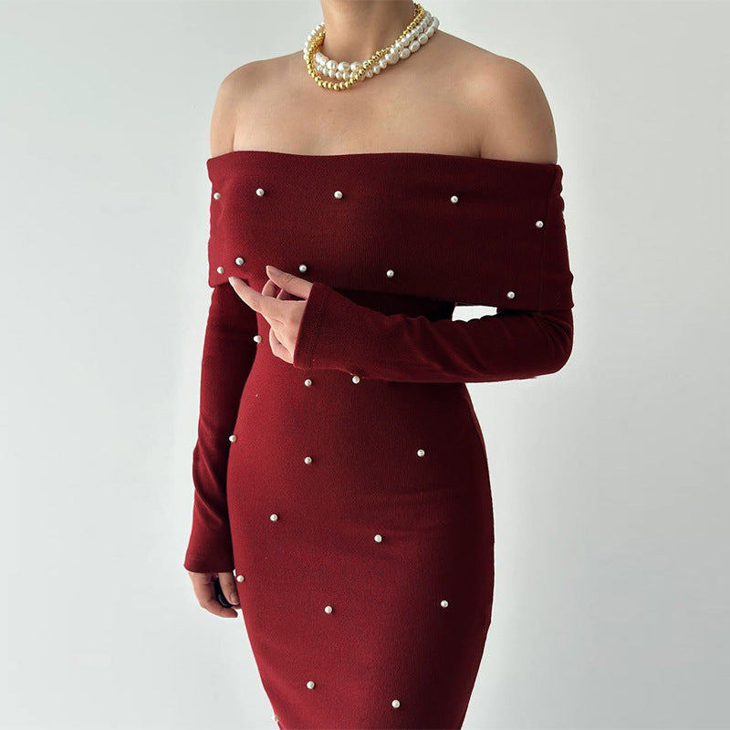 Damen schulterfreies Maxikleid mit eleganter Perlenverzierung und figurbetontem Schnitt Echo Archiv