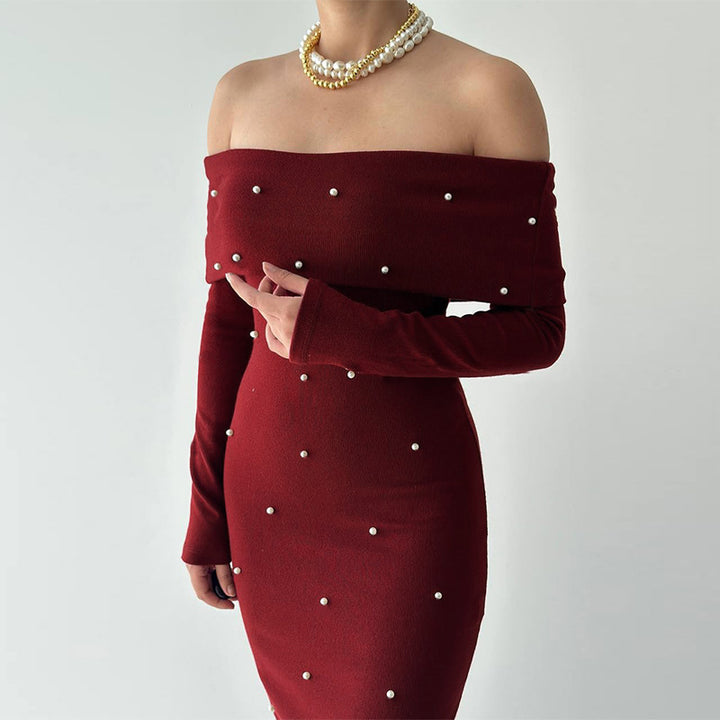 Damen schulterfreies Maxikleid mit eleganter Perlenverzierung und figurbetontem Schnitt Echo Archiv