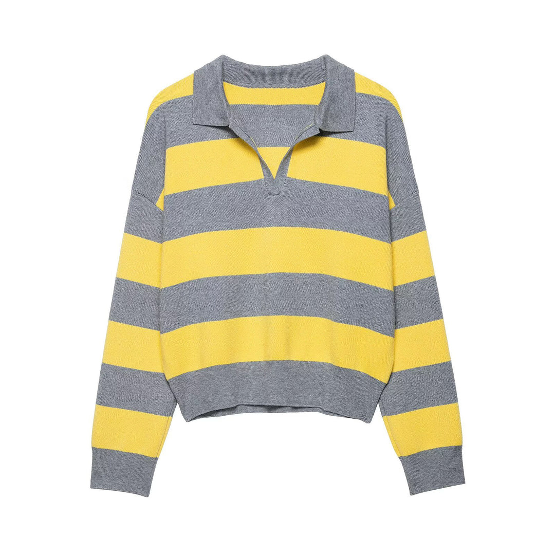 Damen Gestreifter Rugby-Polo-Pullover mit V-Notch und Cropped-Saum Echo Archiv
