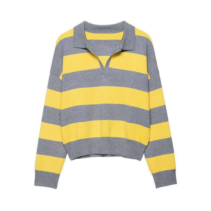Damen Gestreifter Rugby-Polo-Pullover mit V-Notch und Cropped-Saum Echo Archiv
