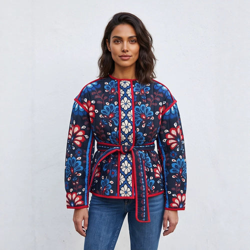Damen Taillierte gestepptte Jacquard‑Baumwolljacke mit folklorem Blumenmuster & Bindegürtel Echoarchiv