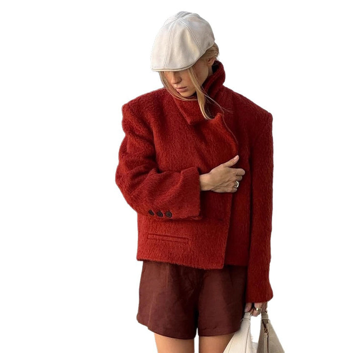 Damen Kurzboxy Kunstpelz‑Jacke mit breitem Revers und strukturierter Felloptik Echoarchiv