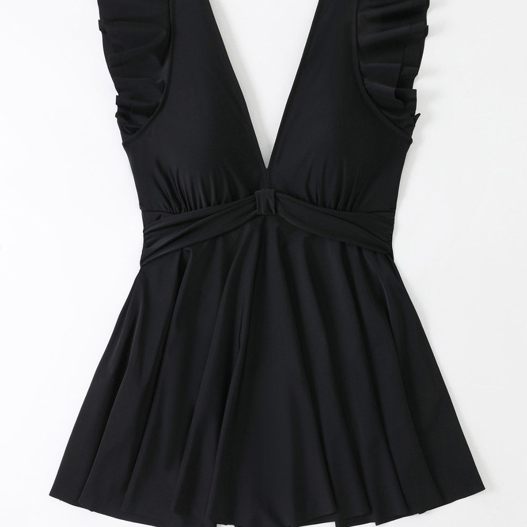 Damen Strandkleid mit leichtem V-Ausschnitt und voluminösen Rüschendetails Echo Archiv