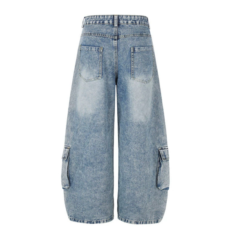 Damen Hochgeschnittene weite Cargo-Palazzo-Jeans mit großen aufgesetzten Taschen und Vintage-Waschung Echoarchiv