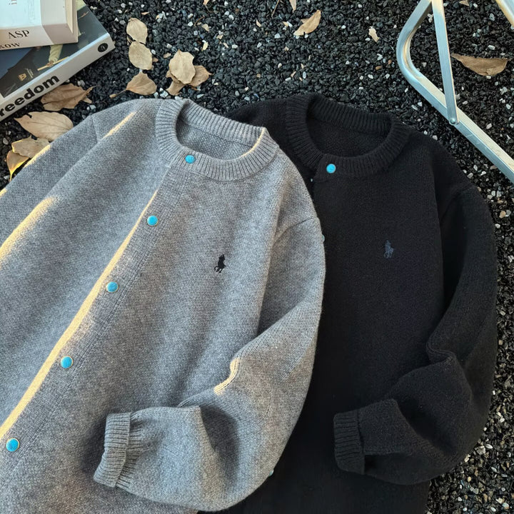 Unisex Oversize-Strickjacke mit Druckknopfleiste, geripptem Saum und Melange-Optik Echoarchiv