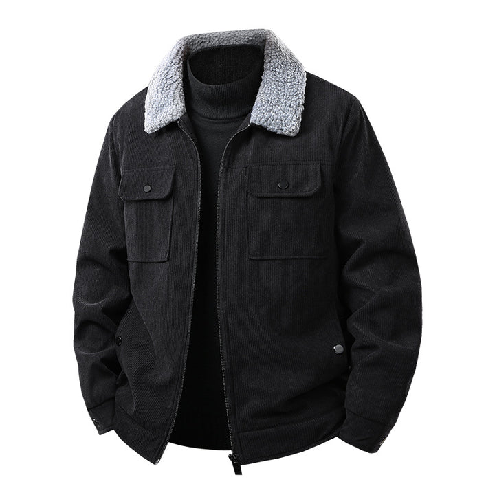 Herren Kord-Workjacke mit Sherpa-Kragen, verdecktem Reißverschluss und Multifach-Brusttaschen Echoarchiv