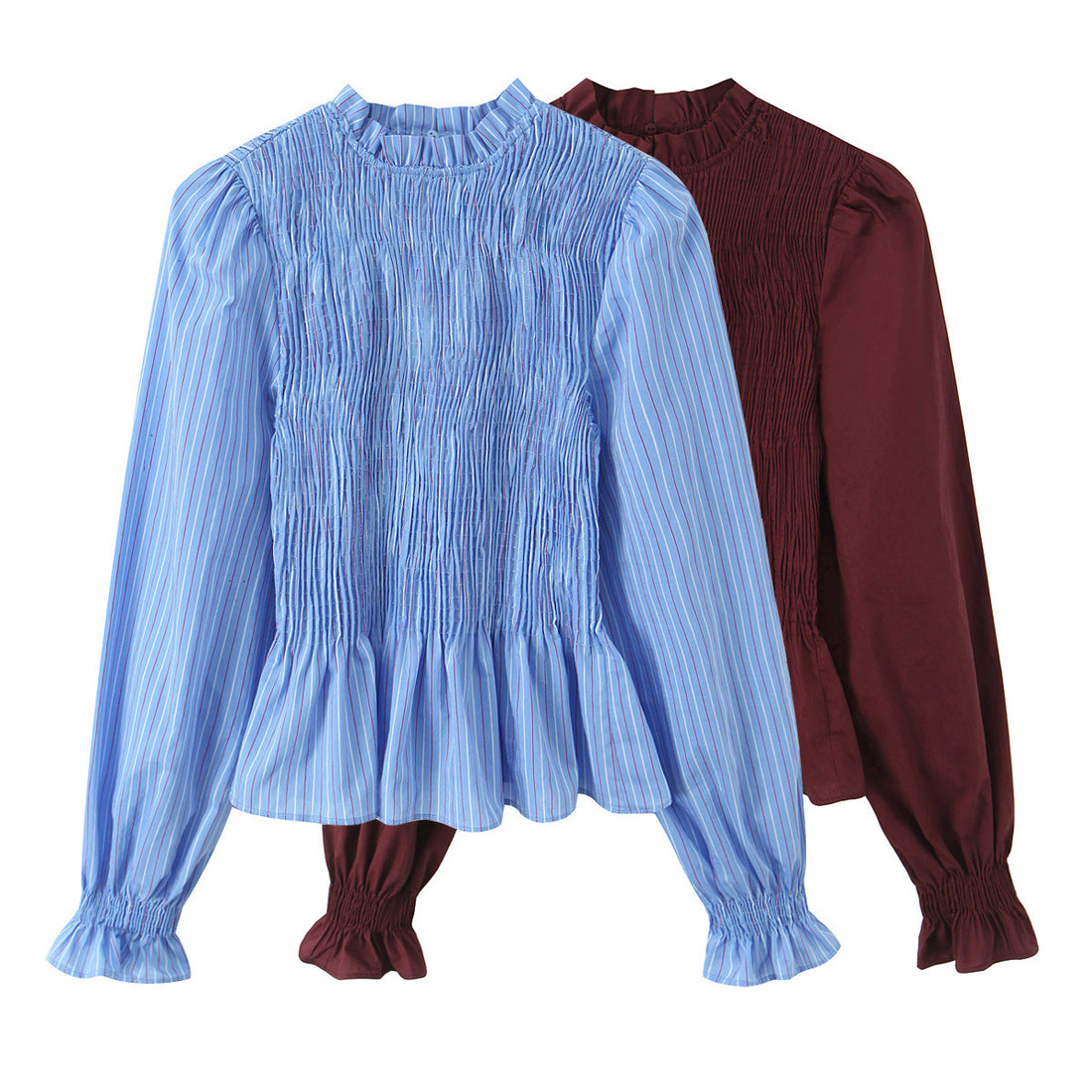 Damen Langärmlige Smockbluse mit Stehkragen und Volantsaum Echoarchiv
