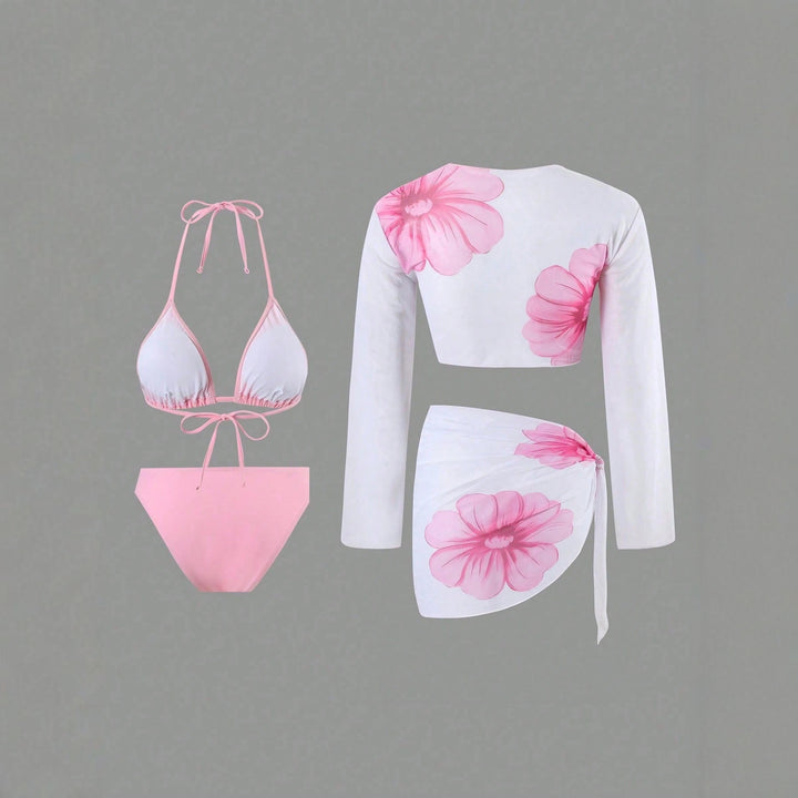 Damen Bikini-Set mit floralem Wickeltuch und langärmliger Oberteile Echo Archiv