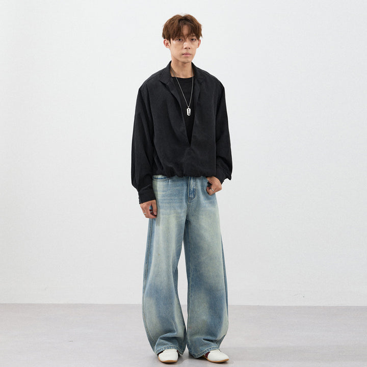 Herren Extraweite Zweiton-Denim-Palazzohose mit Block-Panelen und tiefem Schritt Echo Archiv