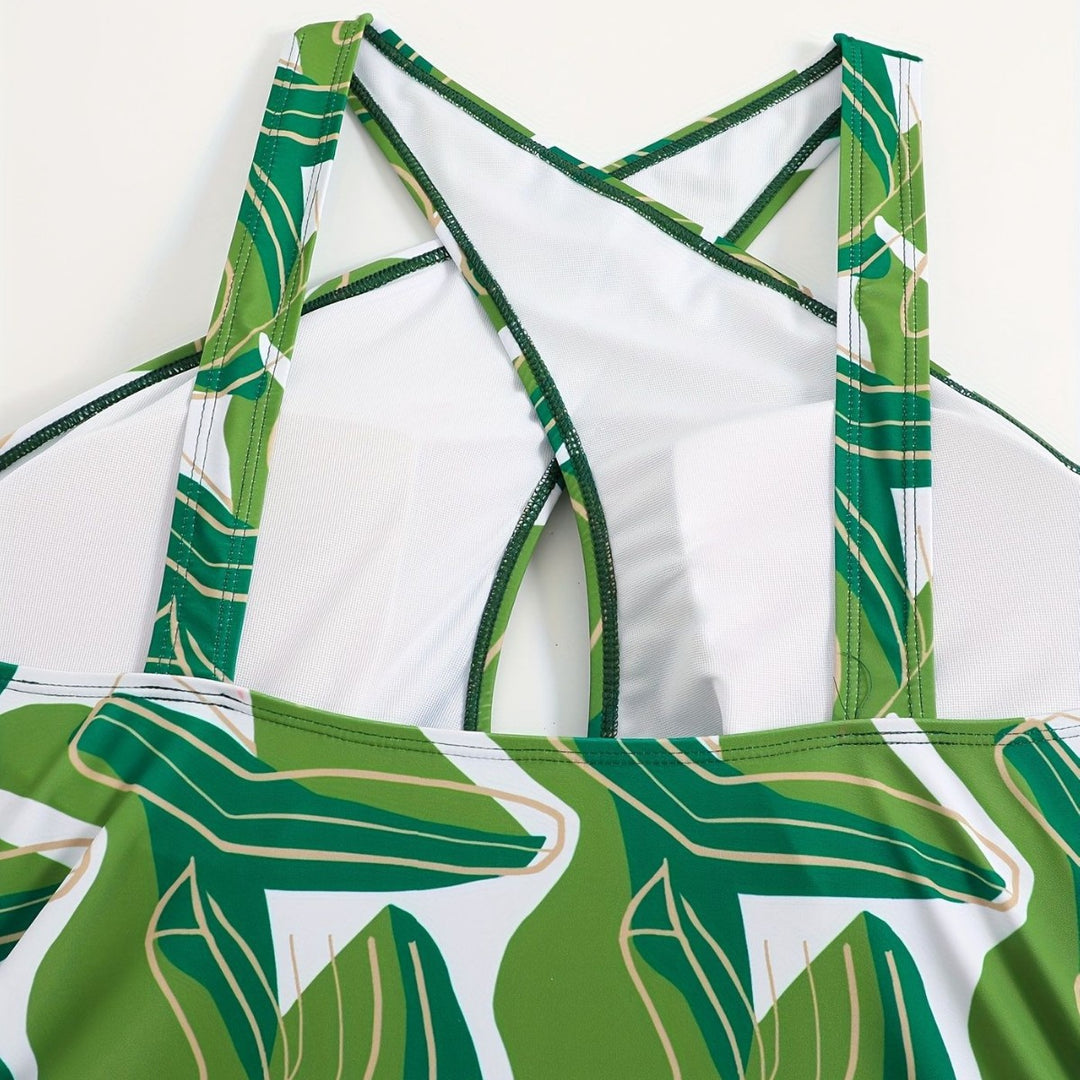 Damen Einteiler Badeanzug mit modernem Schnitt und grünem Blattmuster Echo Archiv
