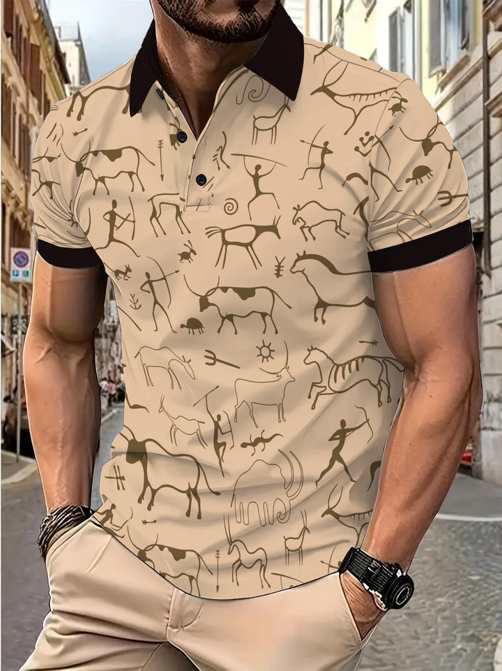 Herren Sportliches Polohemd mit einzigartigem Höhlenmalerei-Design Echoarchiv