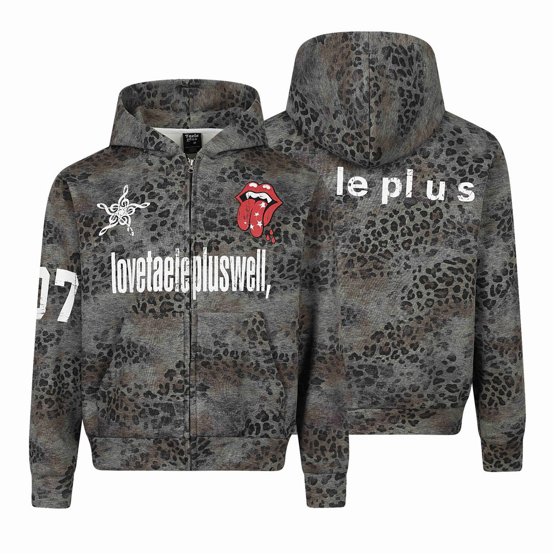 Damen Kapuzenjacke mit durchgehendem Reißverschluss, Leoparden-Print und großflächigen Grafik-Prints Echoarchiv