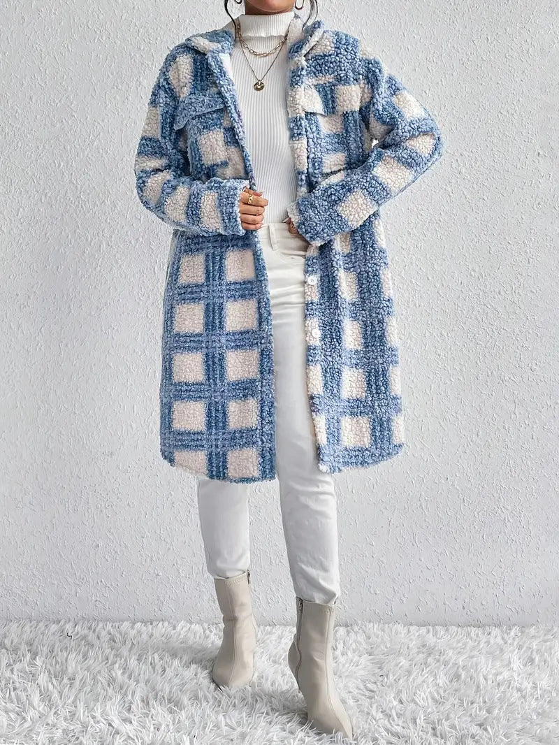 Damen Teddy-Mantel mit großem Karomuster, Hemdkragen und Knopfverschluss Echo Archiv