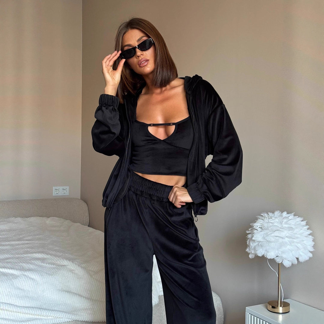 Damen Loungewear-Set mit leichtem Zip-Hoodie, elastischen Bündchen und weiten Palazzo-Hose – Avérine
