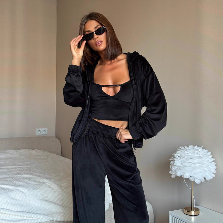 Damen Loungewear-Set mit leichtem Zip-Hoodie, elastischen Bündchen und weiten Palazzo-Hose – Avérine