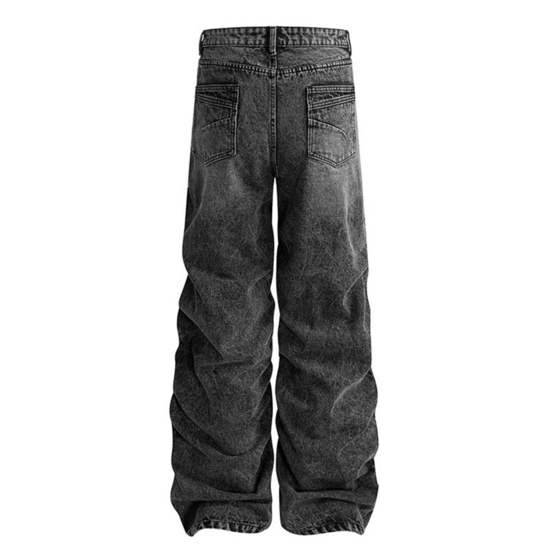 Damen weite High-Waist Denim-Hose im Baggy-Look mit gerafften Beinen und Vintage-Wash Echoarchiv