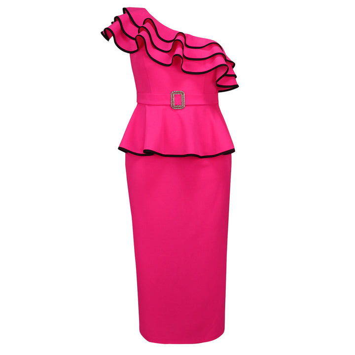 Damen Elegantes Abendkleid mit asymmetrischem Rüschendetail und dekorativem Gürtel Echo Archiv