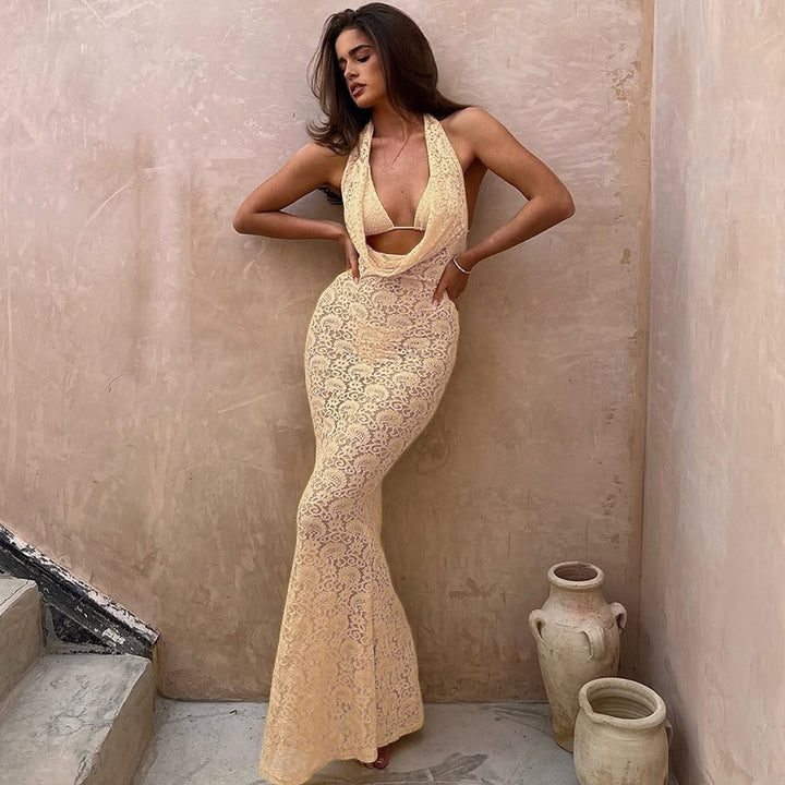 Damen Spitzen-Maxikleid mit halsfernem Halterdesign und figurbetontem Schnitt Echo Archiv