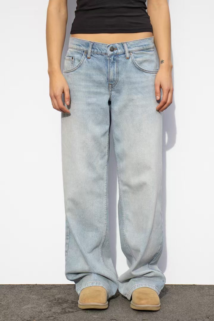 Damen nan weites Denim Hosenmodell mit tiefem Bund und weitem Schlag Echo Archiv