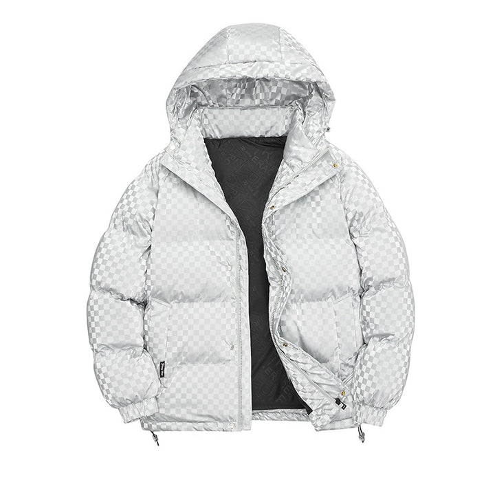 Herren Hochglänzende gesteppte Thermojacke mit Kapuze & Karo‑Struktur Echoarchiv