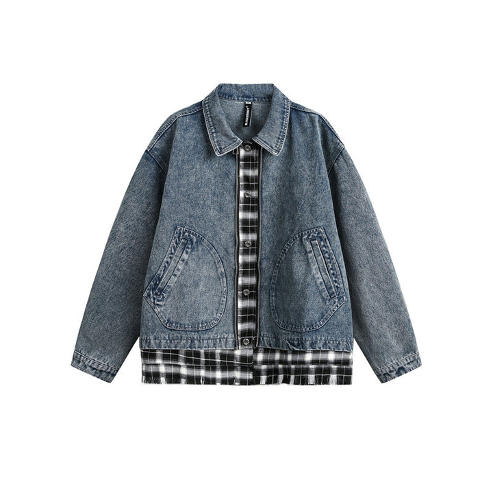 Unisex Kastig geschnittener Denim-Blouson im Lagenlook mit karierter Innenlage Echoarchiv