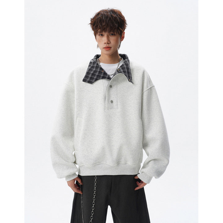 Unisex Oversized Sweatshirt mit abnehmbarem Karo-Kragen und Druckknopfleiste – Norvane