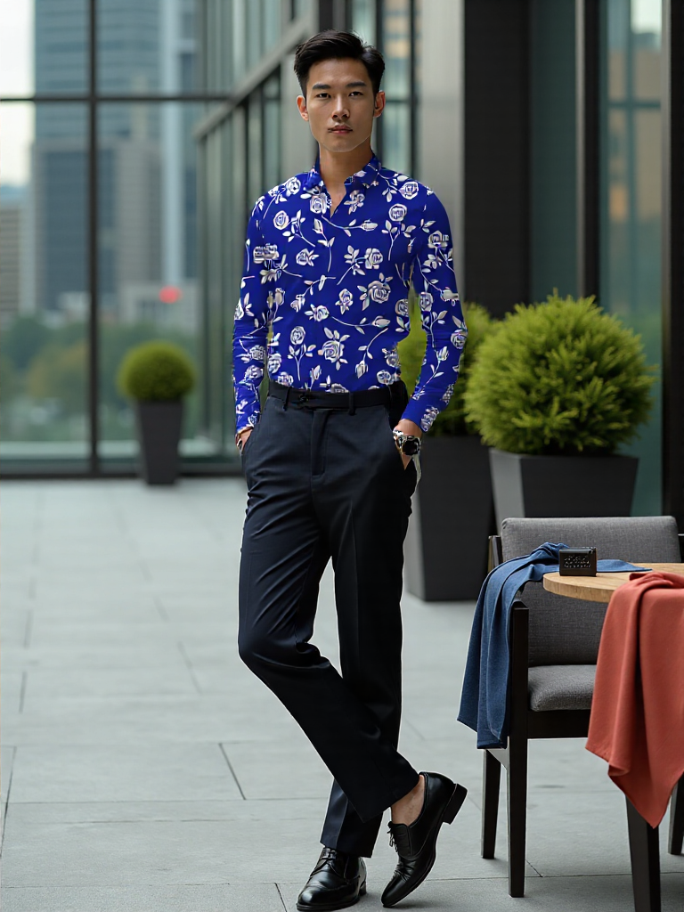 Herren Langarmhemd mit floralen Mustern Echoarchiv