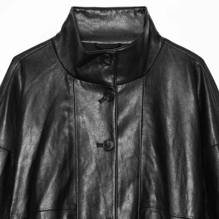 Damen Kurze Kunstleder‑Bomberjacke mit hohem Funnelkragen und elastischem Saum Echoarchiv