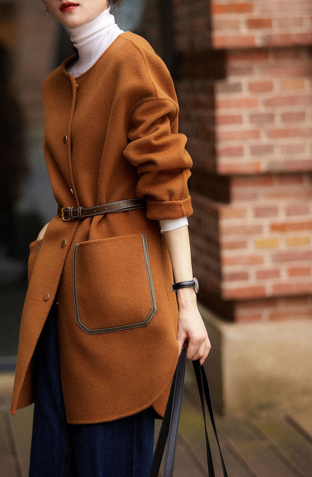 Damen Lässiger und eleganter Wollmantel mit Gürtel Echoarchiv