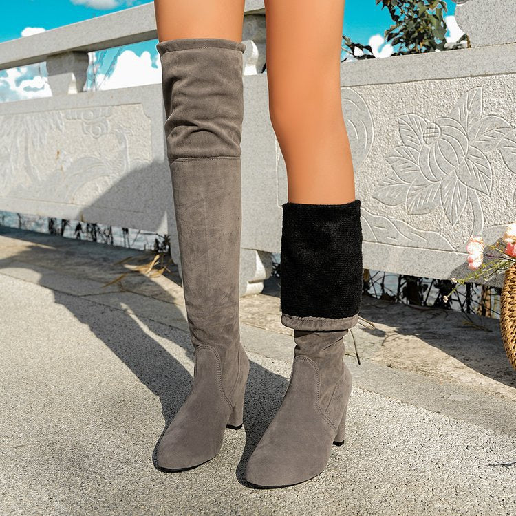 Damen Overknee-Stiefel mit geschwungenem Blockabsatz und weichem Veloursimitat Echo Archiv