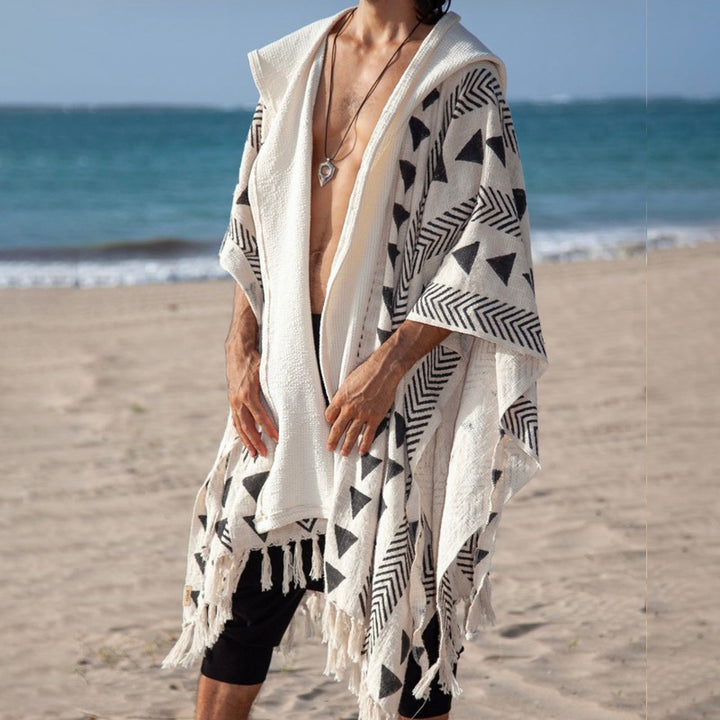 Herren Strandponcho mit Kapuze und geometrischem Jacquardmuster Echoarchiv