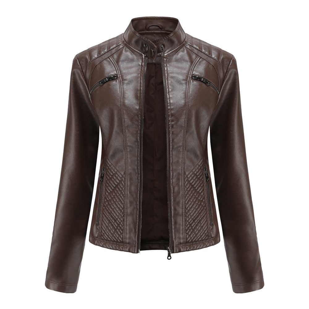 Damen nan taillierte Bikerjacke aus Kunstleder mit Stepppaneelen und Stehkragen Echo Archiv
