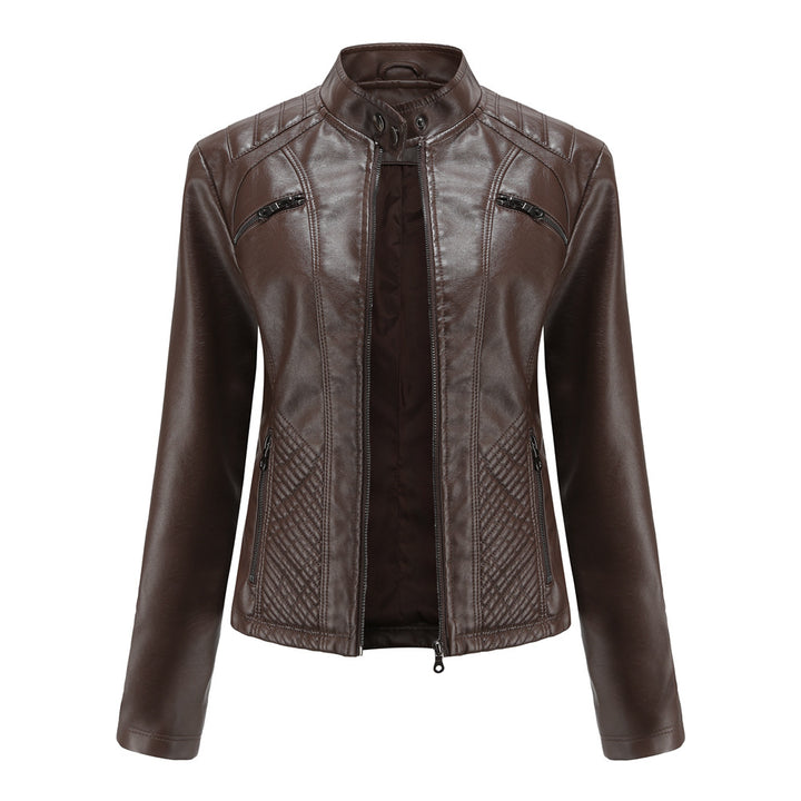 Damen nan taillierte Bikerjacke aus Kunstleder mit Stepppaneelen und Stehkragen Echo Archiv