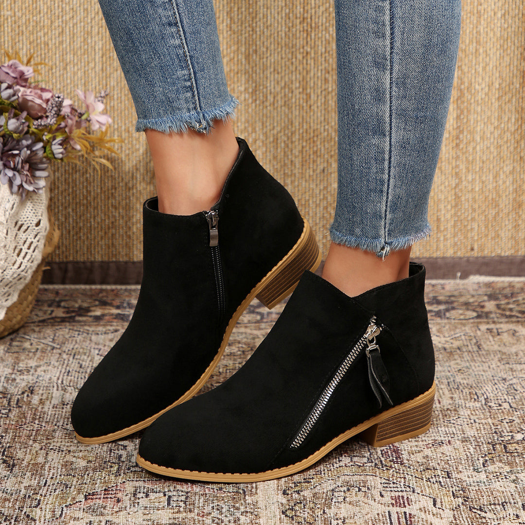 Damen Moderne Kurzschaft-Stiefelette mit sichtbarem Metallreißverschluss und niedriger Holzoptik-Blocksohle – Varelle