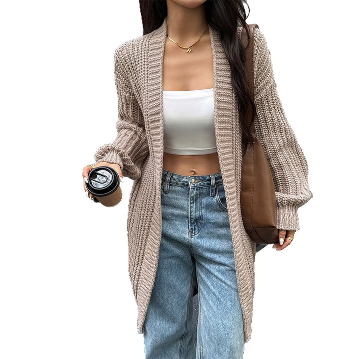 Damen lange Grobstrick-Cardigan mit offener Front und Ballonärmeln – Veloura