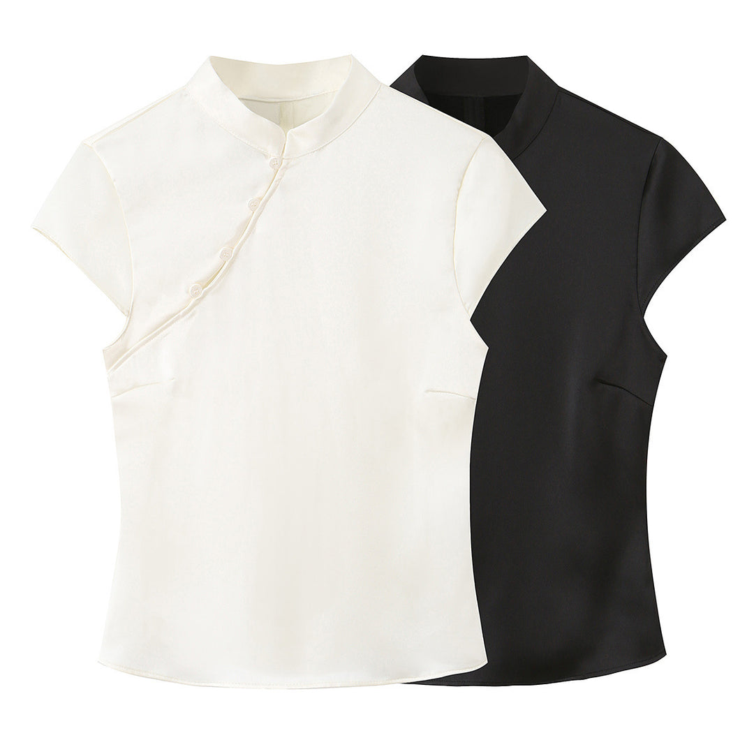 Damen elegantes Oberteil mit asymmetrischem Kragen und Knopfdetails Echo Archiv